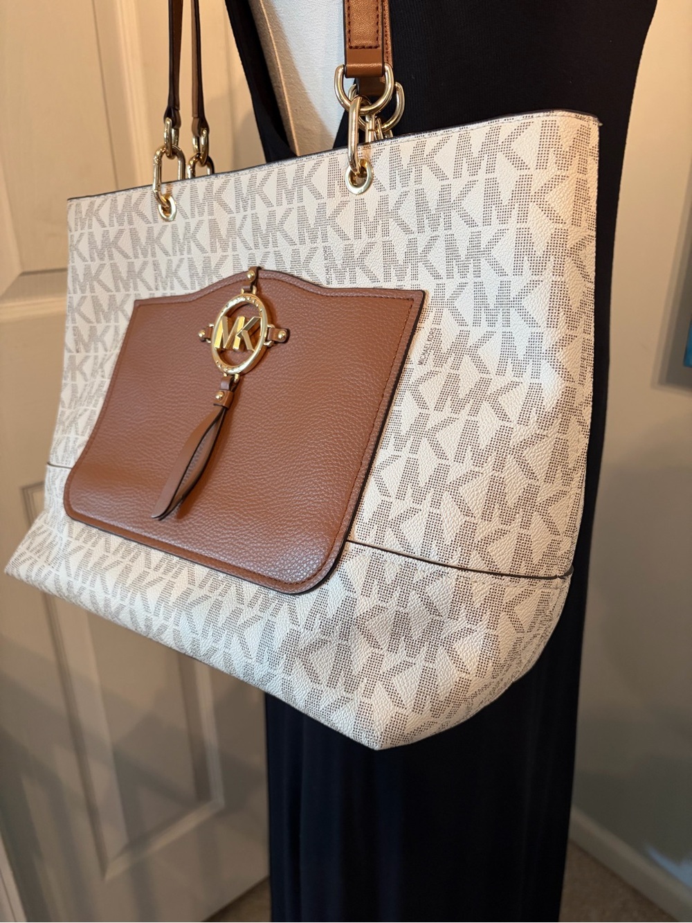 Michael Kors Cream & Brown Logo Tote with Gold Hardware